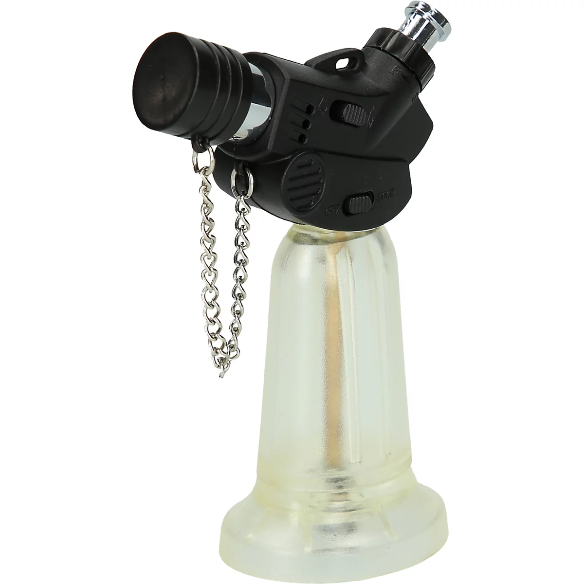 Schwarzer, transparenter Gasbrenner. Kette am Gehäuse befestigt.